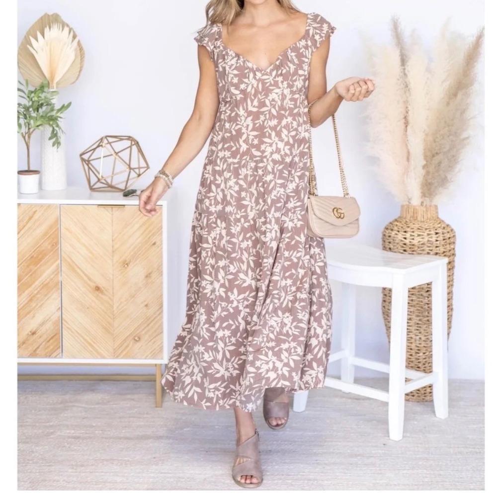 Anthropologie x Blu Pepper | Floral Maxi Dress Medium Brown Boho Flutter Sleeve